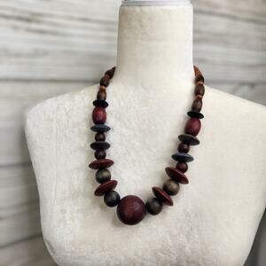 Vintage Bohemian Chunky Wooden Beaded Necklace Retro
